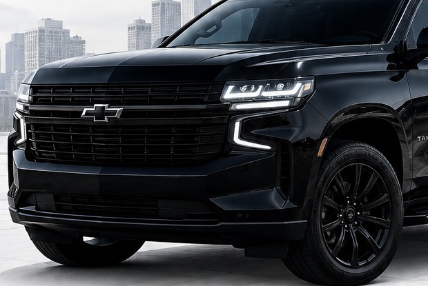 Front of the black Chevy Tahoe