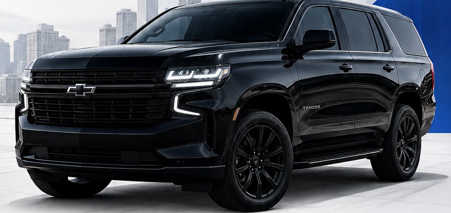Black Chevy Tahoe in front of a city skyline